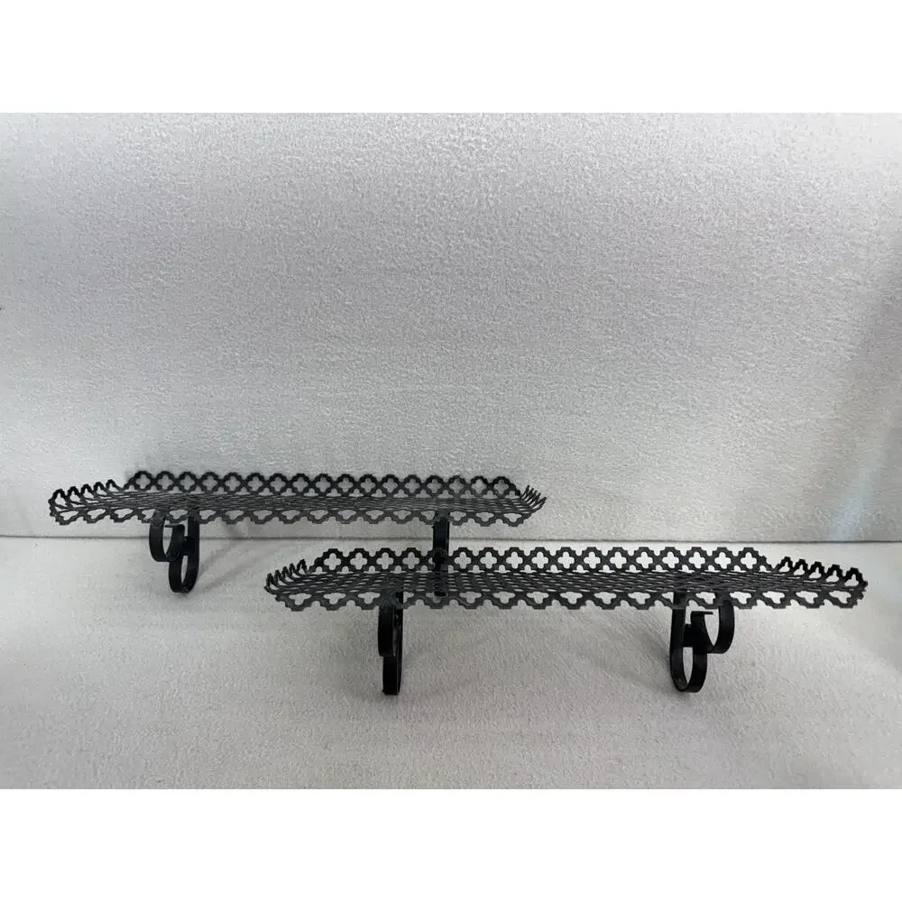 Black Metal Wall Shelves Pair Lattice Filigree MCM 13.5x4.5 Decor VTG